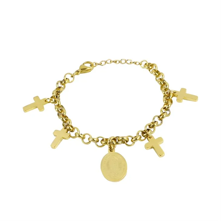 Gold Cross Charm Medallion Chain Bracelet