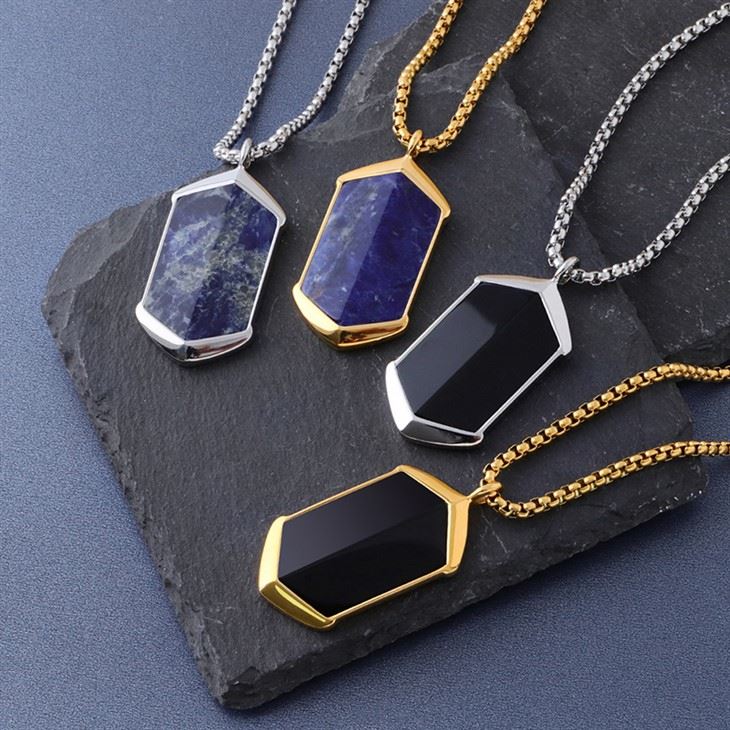 316L Stainless Steel Natural Stone Hexagonal Pendant Necklace For Men